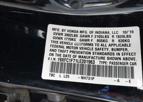 2020 Honda Civic Ex-L from USA, damaged, VIN 19XFC1F71LE201963